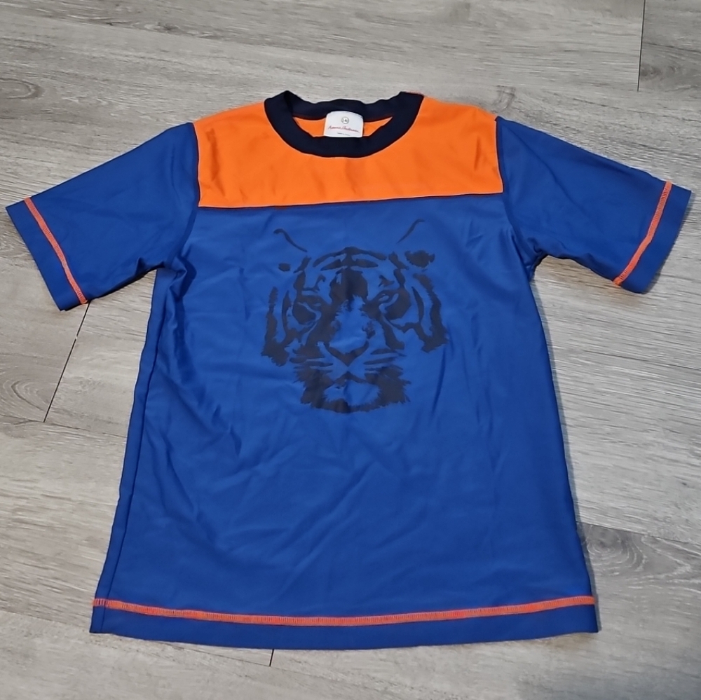 Hanna Andersson Boy's Rash Guard Swim Shirt Blue Orange Tiger Size 10 140cm